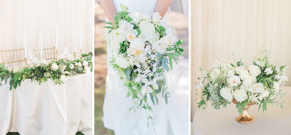 Santa Barbara wedding flowers with garden roses and head table garland