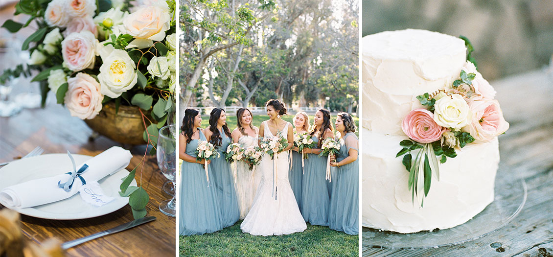 Santa Barbara bridesmaids with bouquets, floral centerpieces, and cake flowers